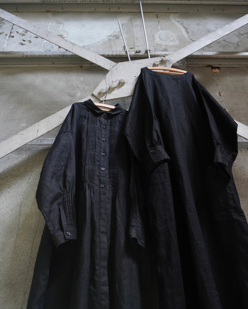 Linen Tuck Shirt Dress / White・Black